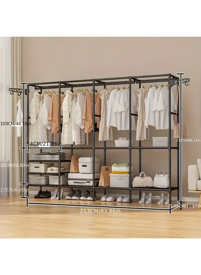 Four Row Black Portable Wardrobe Freestanding Metal Closet With 10 Compartments Rod And Shelf - Image 3